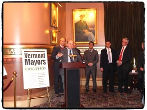 Newport Mayor Paul Monette speaking to reporters at the statehouse.Mayor Monette is currently running for re-election.