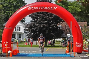 Will Letendre coming through the finish line to win the Dirty 40 Road Race in Derby on Saturday. 