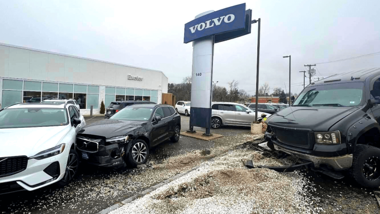 Truck crashes into Volvo dealership in Exeter, New Hampshire