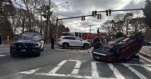 Two-car crash in South Yarmouth leaves one overturned